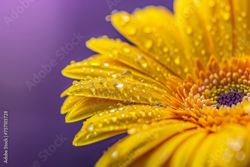 Water drops on the petals of a yellow gerbera flower close-up in nature on purple violet background with selective soft focus.