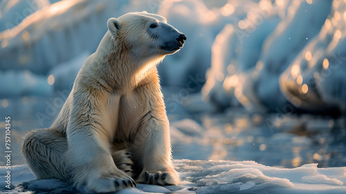 polar bear sitting on ice mountains glaciers