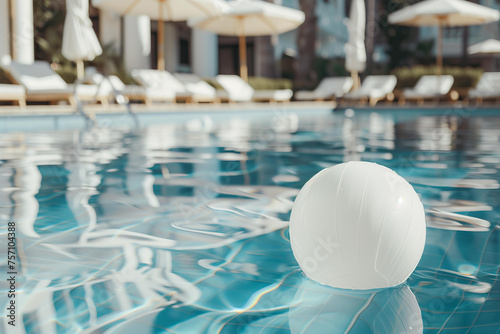 A white beach ball floating in the pool of an elegant hotel with sun loungers and umbrellas on the side photo