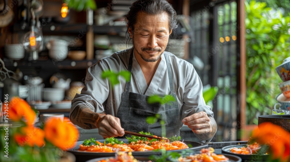 a man preparing food in a kitchen with orange flowers in the foreground and a potted plant in the background.