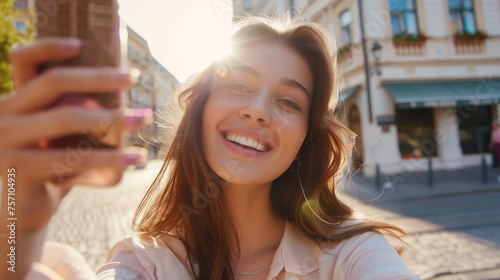 スマートフォンで自撮りする女性