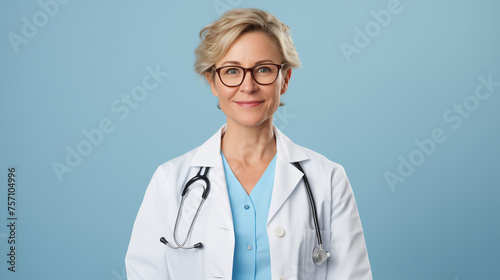 Lächelnde Ärztin vor hellblauem Hintergrund