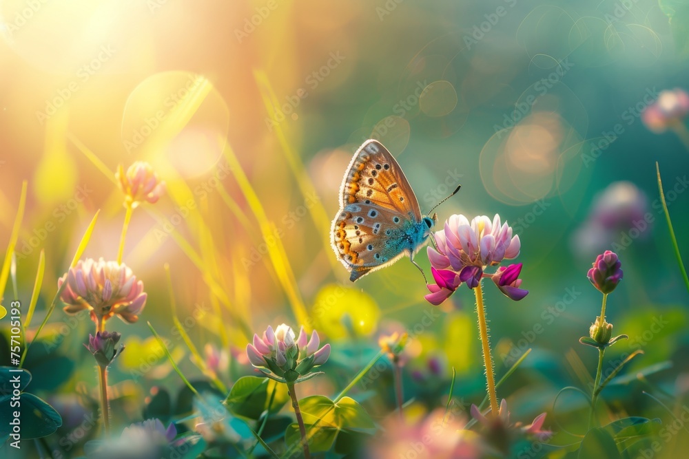 Wild flowers of clover and butterfly in a meadow in nature in rays of sunlight in summer in spring close-up of a macro. A picturesque colorful artistic image with a soft focus