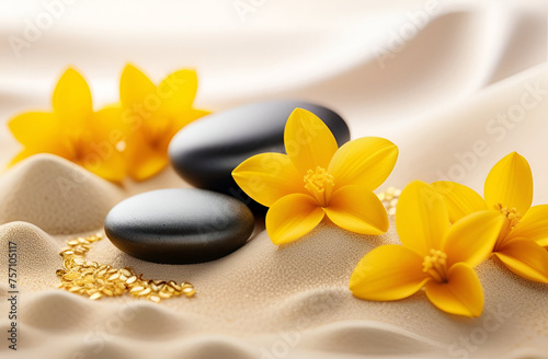 Yellow flowers and stones on a background of  sand. Cosmetic banner for spa  printed products  cosmetics stores. Skincare and spa procedure concept.