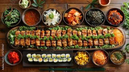 a wooden table topped with lots of different types of sushi and bowls of different types of sauces and condiments. © Nadia