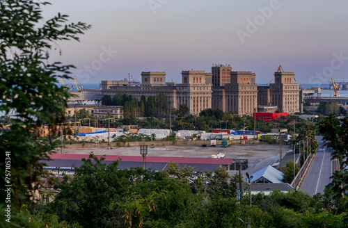 Sunset view with administrative building in Port of Constanta, Romania
