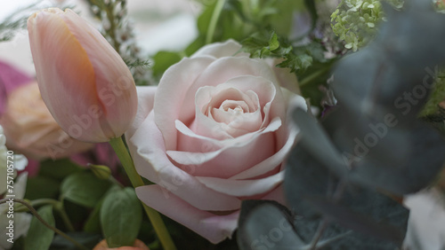 Pink Rose in a Spring Flower Bouquet - Closeup - Romantic Garden Arrangement. 
