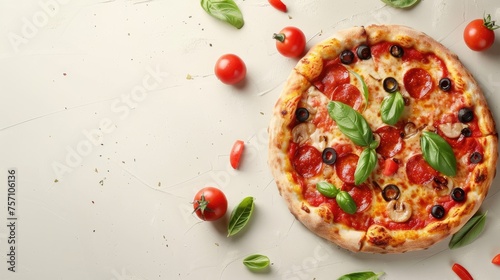 a mouth-watering pizza, featuring a variety of toppings, isolated against a light background, with ample space for text.