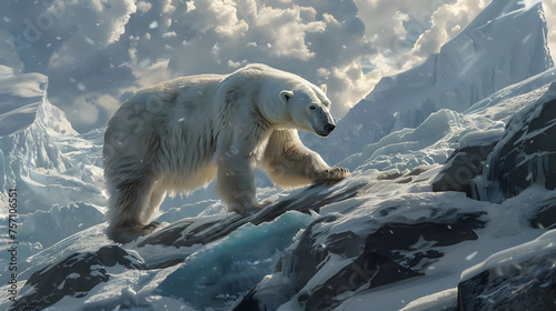 Polar Bear Walking towards higher ice mountain