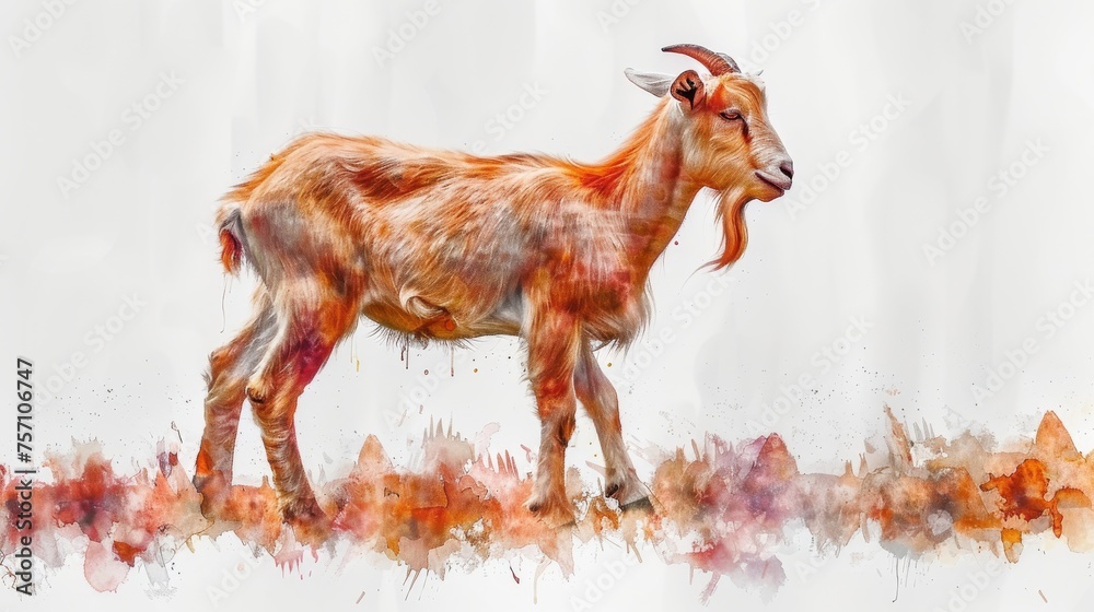 a painting of a goat with long horns standing in a field of red and orange paint splattered on it's body. a painting of a goat with long horns standing in a field of red and orange paint splattered on it's body.