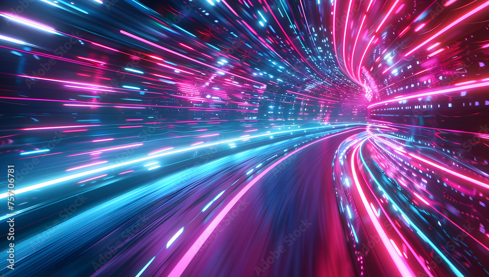 Abstract neon light background with vibrant pink, yellow, and blue neon lines, creating an intense and dynamic atmosphere reminiscent of particle acceleration. High-speed movement and hyperspace.