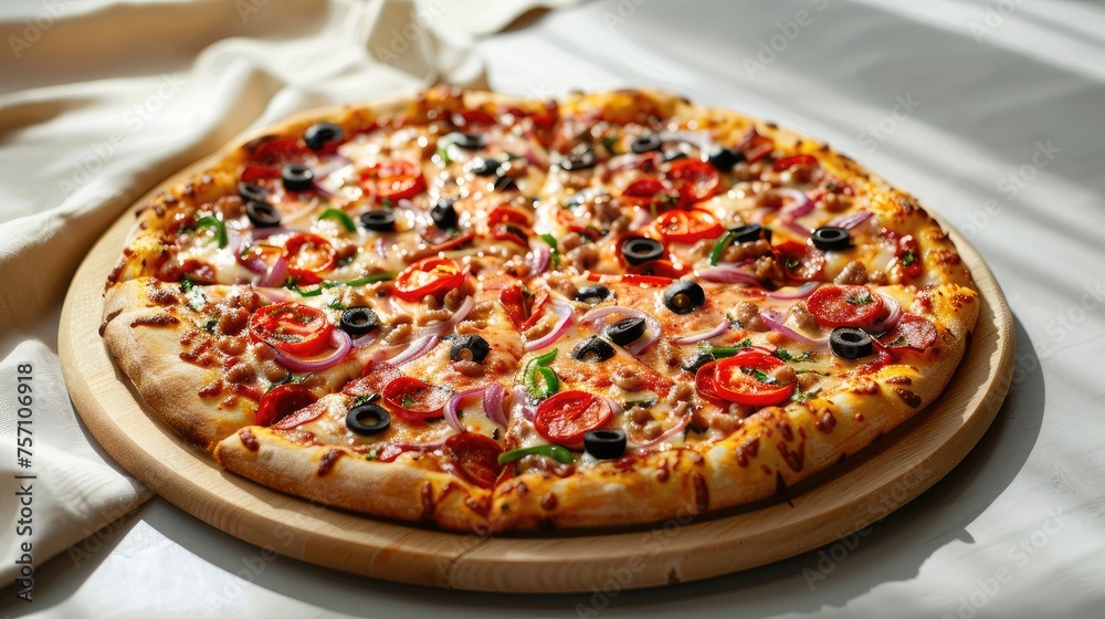 a mouth-watering pizza, featuring a variety of toppings, isolated against a light background, with ample space for text.