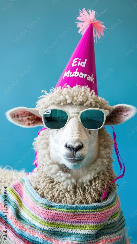 Eid concept sheep wearing a party hat and sunglasses, with the text Eid Mubarak