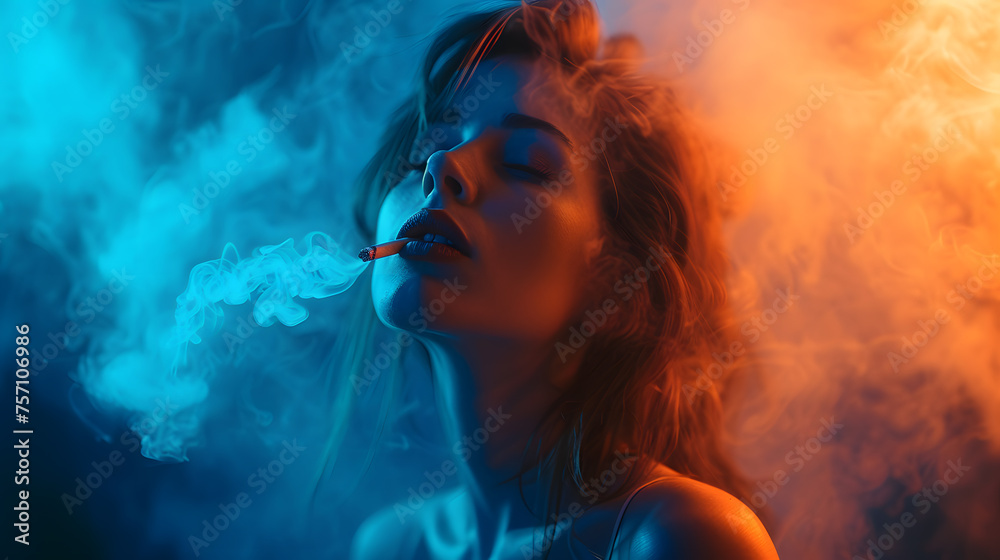 a woman smoking in front of a blue background,
