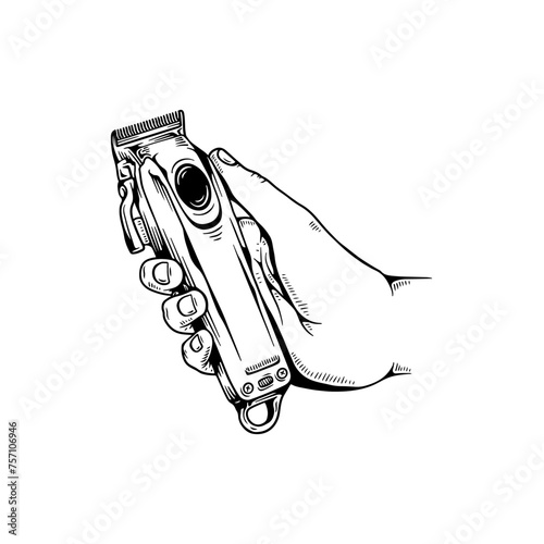 Illustration of holding a hair shaving machine. Vector logo design concept. Black color on white background