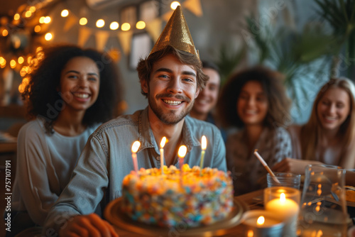 Middle aged man with birthday cake at the party. Group of adult friends celebrating birthday. Birthday man happy adult bearded guy, with festive cake burning candles. Birthday party