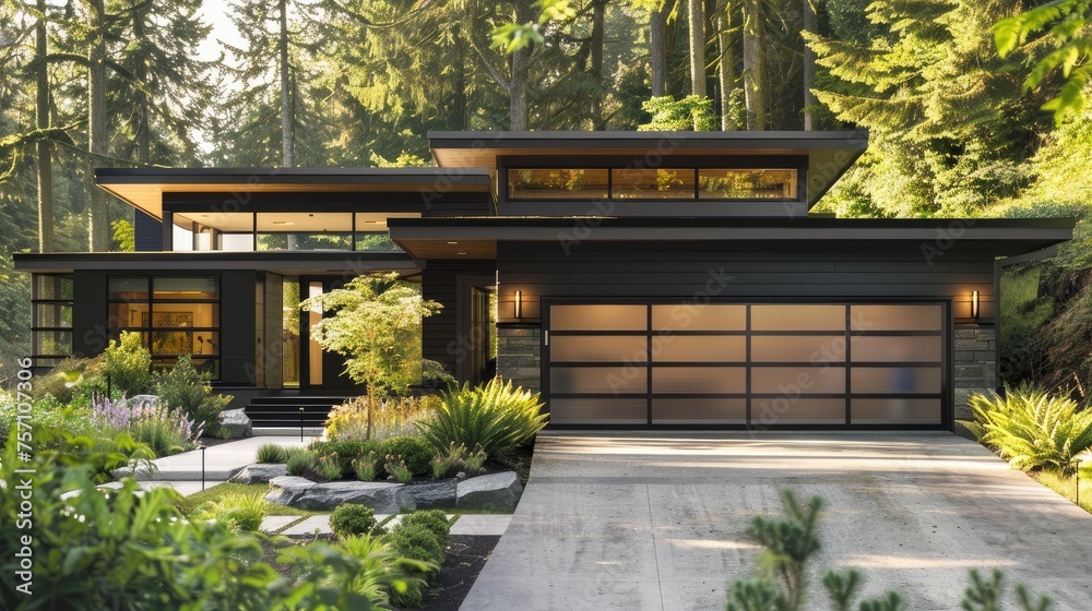 Fototapeta premium a new garage door adorning a modern home, surrounded by stunning landscaping and bathed in natural lighting, with hyperdetailed features and depth of field.