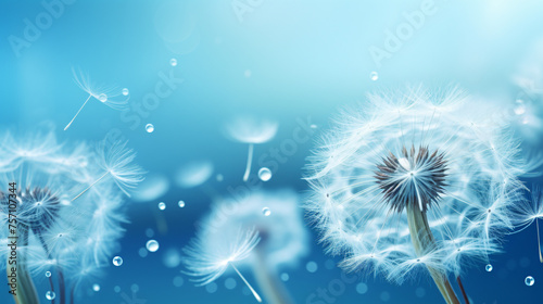Dandelion seeds in droplets of water on blue and turqu photo