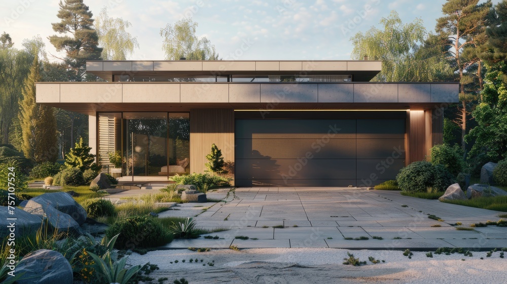 Obraz premium a new garage door adorning a modern home, surrounded by stunning landscaping and bathed in natural lighting, with hyperdetailed features and depth of field.
