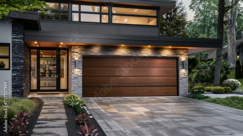a new garage door adorning a modern home, surrounded by stunning landscaping and bathed in natural lighting, with hyperdetailed features and depth of field. © lililia