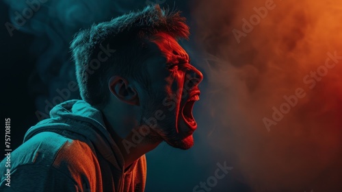 A side view captures the intensity of a man shouting, his emotions on full display in the moment.