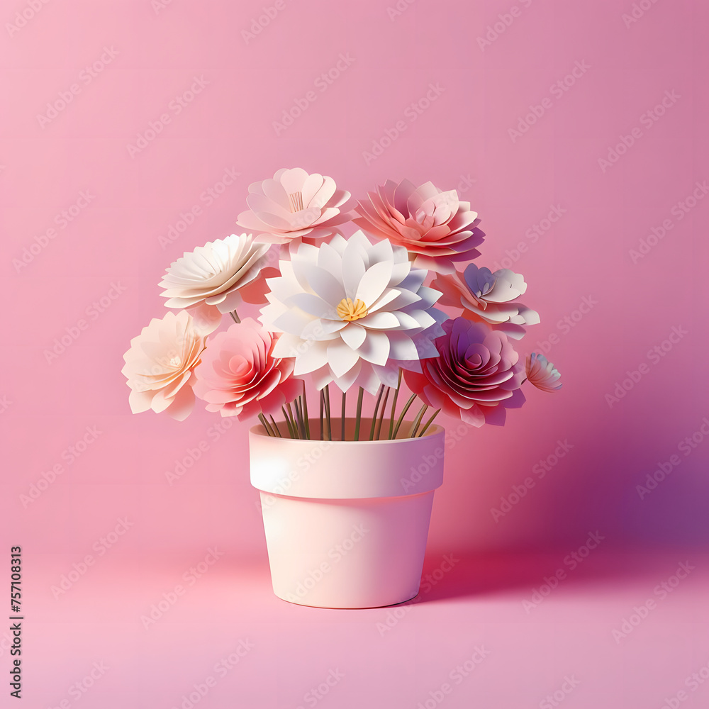 Pot of flowers, paper flowers, isolated on  a Pink background, 3d render