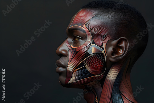 Side view African man closeup face. Human anatomy  skin and muscles
