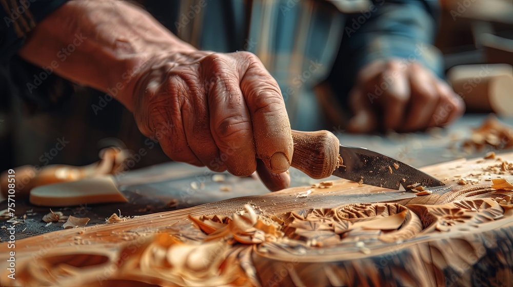 Closeup of carver hands sculpting with tool in wooden plank making artistic sculpture.