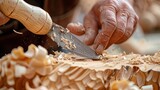 Closeup of carver hands sculpting with tool in wooden plank making artistic sculpture.