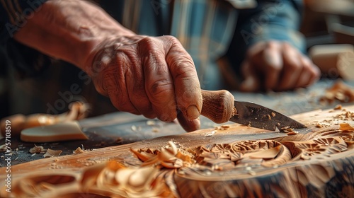 Closeup of carver hands sculpting with tool in wooden plank making artistic sculpture.