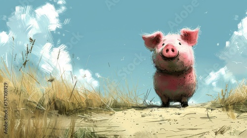 a painting of a pig standing in the middle of a field with a blue sky and clouds in the background.