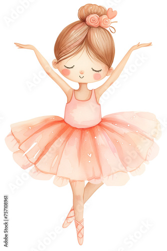 Beautiful baby doll dancing ballerina in light pink tutu skirt, delicate watercolor illustration. Nursery poster design, isolated character element.