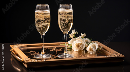 Elegant tray with sparkling champagne glasses 