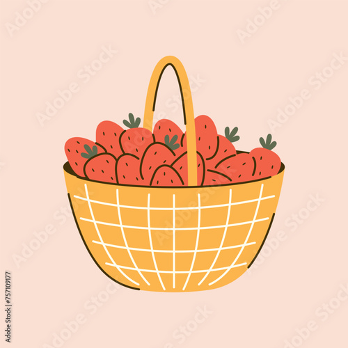 Cartoon wicker basket with strawberries. Summer berries in flat style with line details. Cottagecore design. Farming and gardening element. Vector illustration