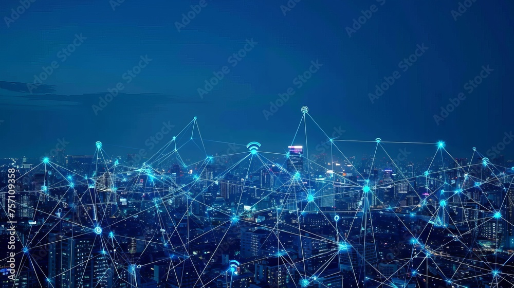 In a modern and creative telecommunication network within a smart city, the concept emphasizes the connectivity of 5G wireless technology and the Internet of Things