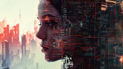 a digital woman constructing parts of her face with computer chips against a backdrop of gloomy metropolises, with a predominant red and blue color scheme.
