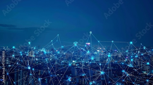 In a modern and creative telecommunication network within a smart city, the concept emphasizes the connectivity of 5G wireless technology and the Internet of Things photo