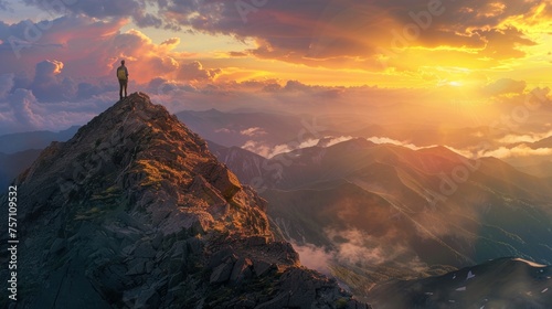 At sunset, a man stands triumphantly on a mountain peak. © DreamPointArt