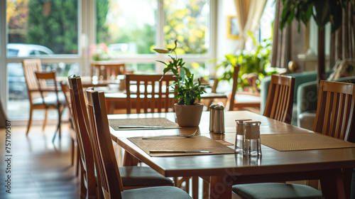 Cozy Cafe Interior with Wooden Tables and Green Plants by the Window