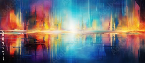 A vibrant abstract background with shades of azure  reflecting a city skyline in the tranquil waters. A harmonious blend of art and natural landscape