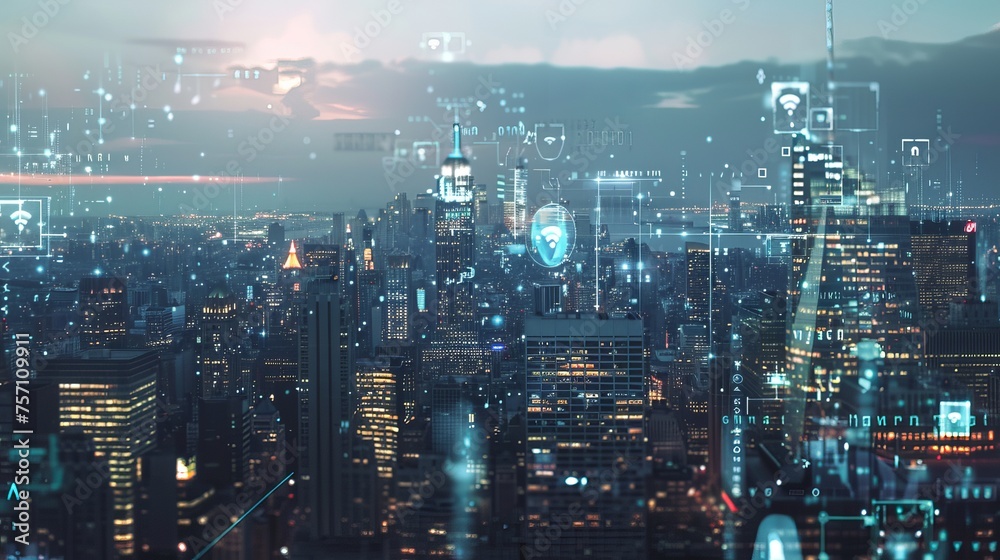 An image depicting a blurry immersive Internet of Things interface overlaying the New York City skyline. 