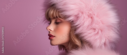 The woman is adorned in a vibrant magenta fur hat with a hood, complementing her layered hair. Her electric blue eyelashes add a touch of whimsy to her fashion accessory