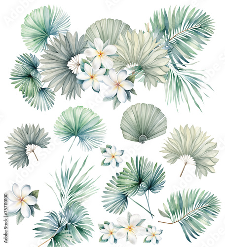 Watercolor tropical bouquet with white flowers and green palm leaves isolated illustration