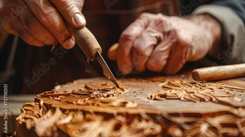 Sculptor working in workshop with wood making artistic sculpture from plank with chisel.