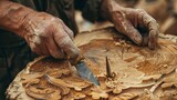 Closeup of wood carver hand making sculpture with chisel.