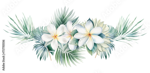Watercolor tropical bouquet with white flowers and green palm leaves isolated illustration