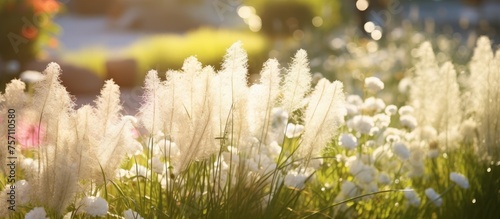 A stunning meadow filled with white flowers, thriving under the warm sunlight. The terrestrial plants create a beautiful natural landscape, covering the ground with delicate petals photo