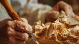Closeup of wood carver hand making sculpture with chisel.