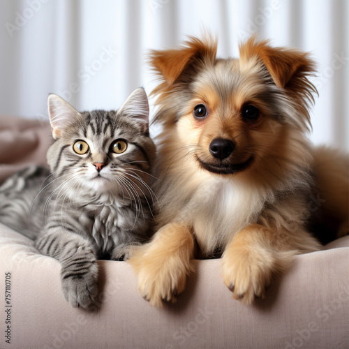 Portrait of a dog and a cat looking at the camera on a soft white pillow. A kitten and a puppy together at home. Animal care. Love and friendship. Domestic animals.