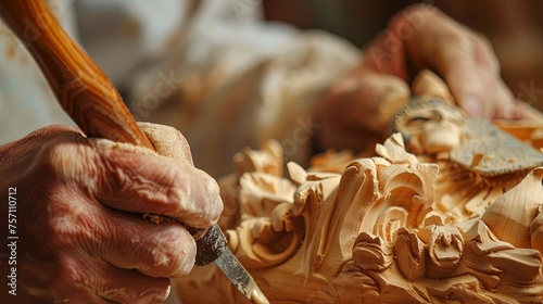 Closeup of wood carver hand making sculpture with chisel. photo